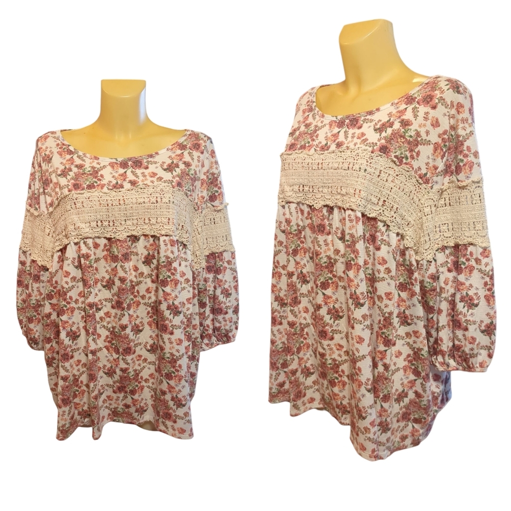 TRU SELF White and Pink Floral Flowy Blouse with Crochet Lace Detail